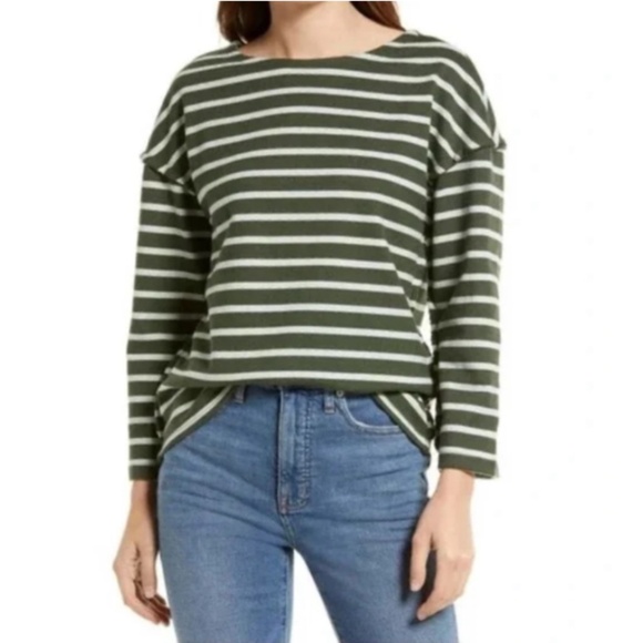 Madewell Tops - MADEWELL | Luxe Long Sleeve Tee Casler Stripe Green Off White Knit Top